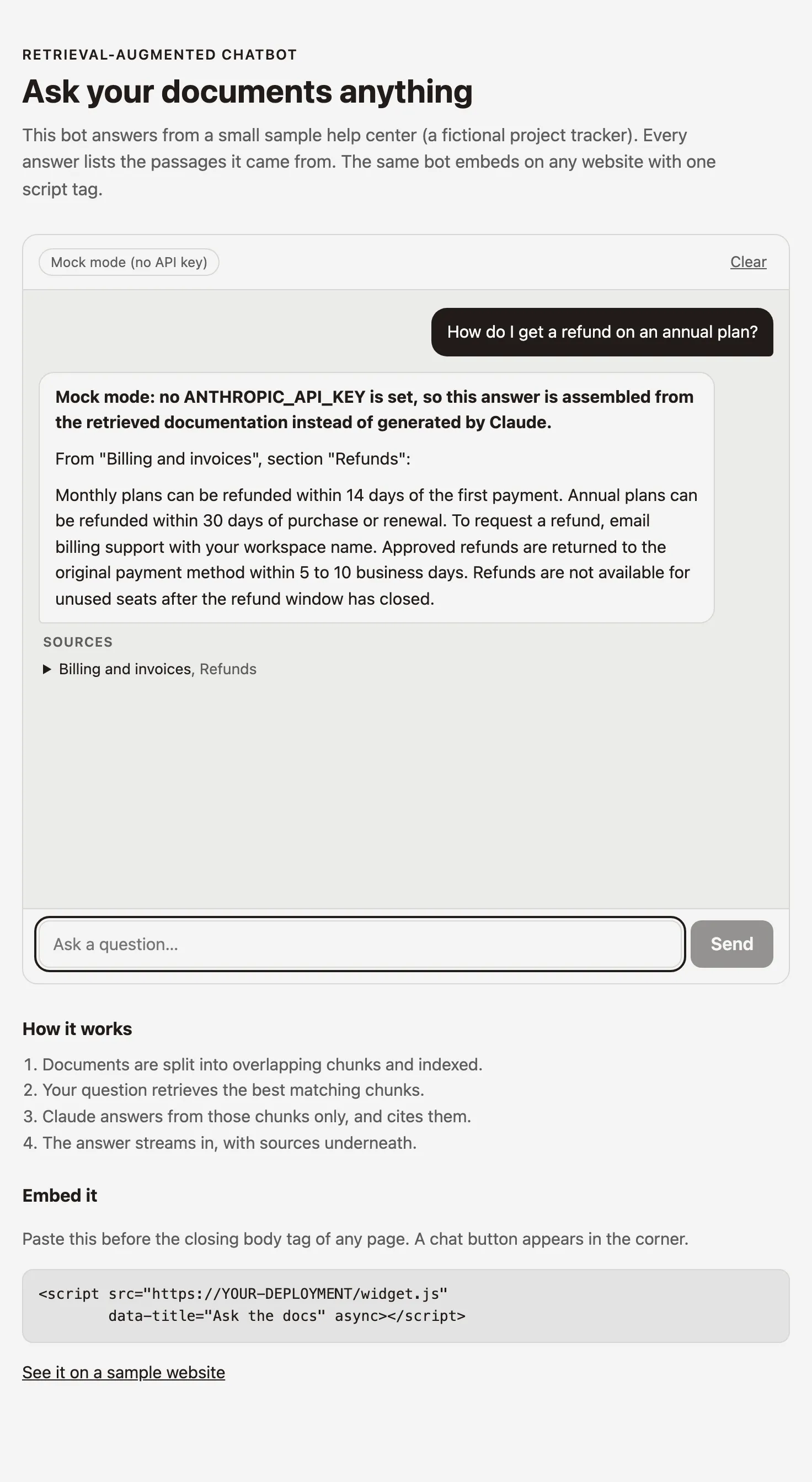 Demo page with a question about annual plan refunds, the answer and its source