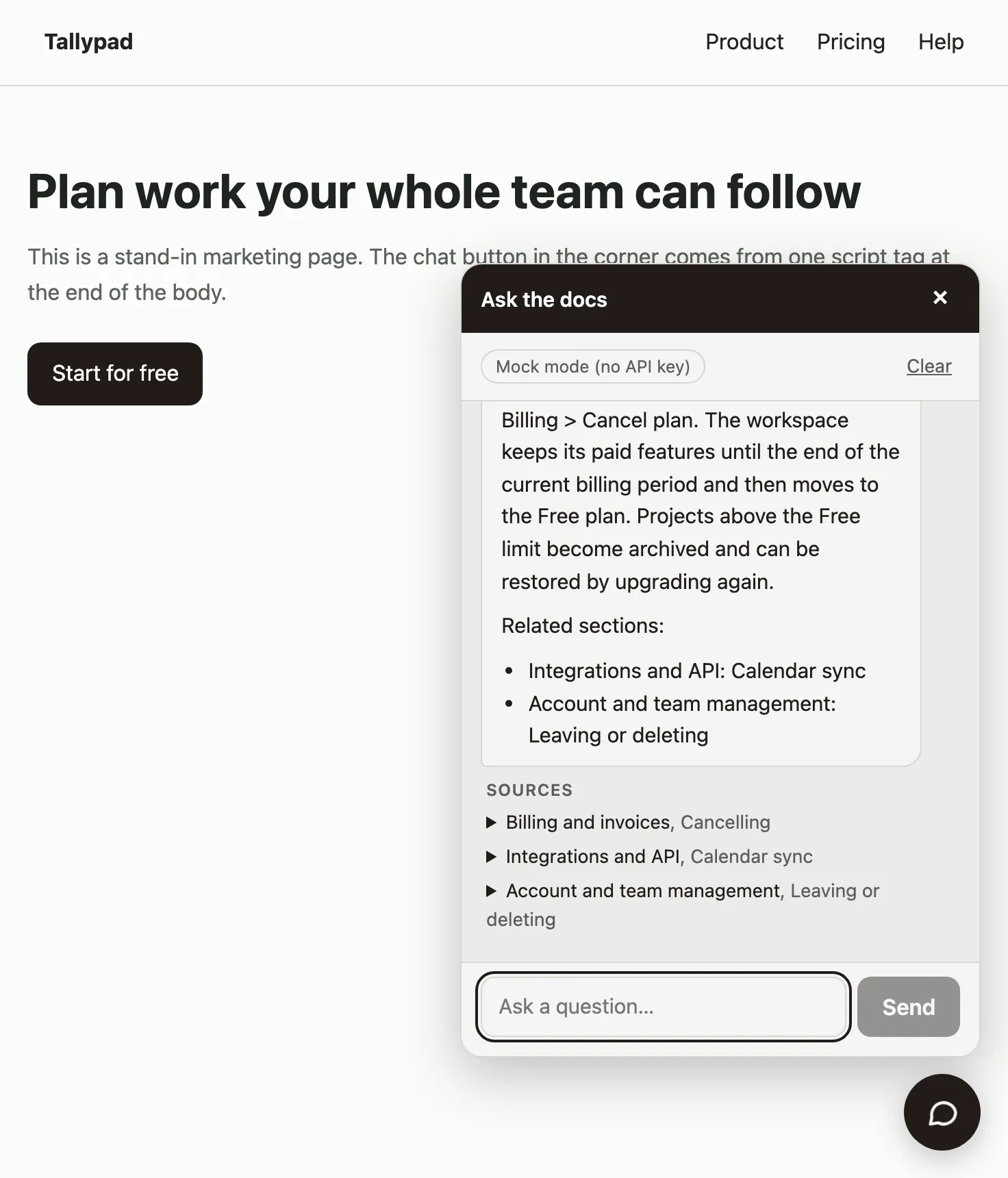 The chat widget opened on a sample website