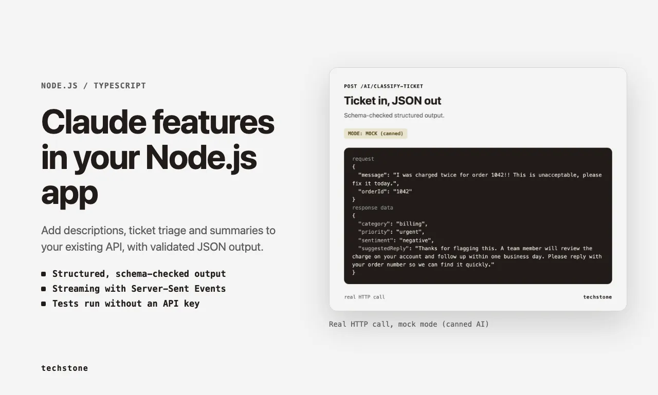 Ticket classification in mock mode, a support message in and a structured JSON object out